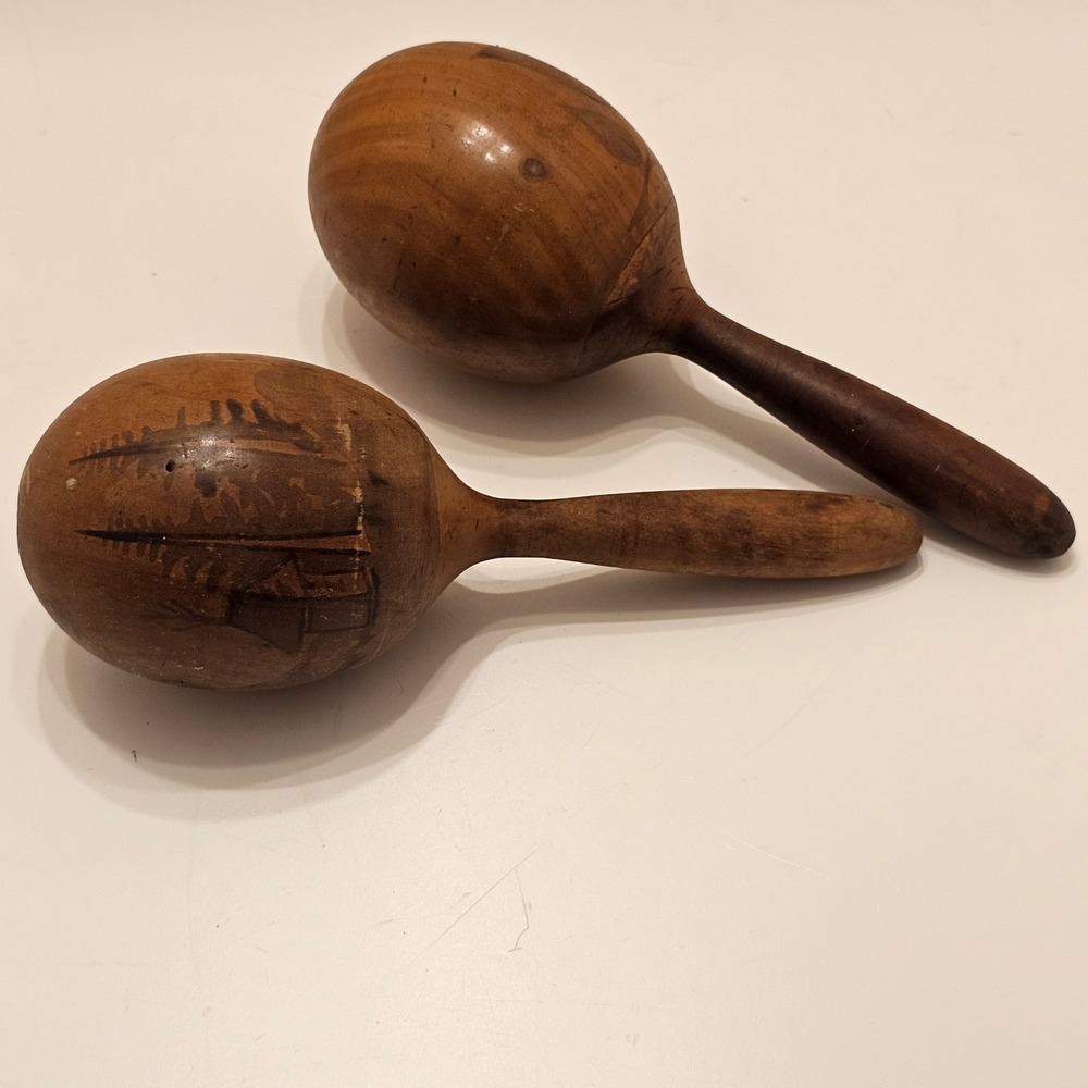 Vintage Handcrafted Wooden Maracas Pair Pyrography Floral Art Percussion Shakers